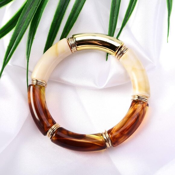 Simple Beaded Gold Plated Bangles Bracelet Chunky Bamboo Tube Curved Stacking Cl - Picture 9 of 9